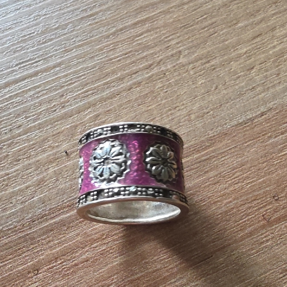 Vintage 925 Sterling Silver Enamel And Marcasite Flower Ring -size 7.5